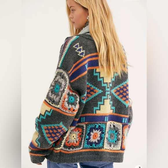 Free People Santa Rosa Square Knit Slouchy Crochet Aztec Cardigan Sweater - Picture 2 of 10